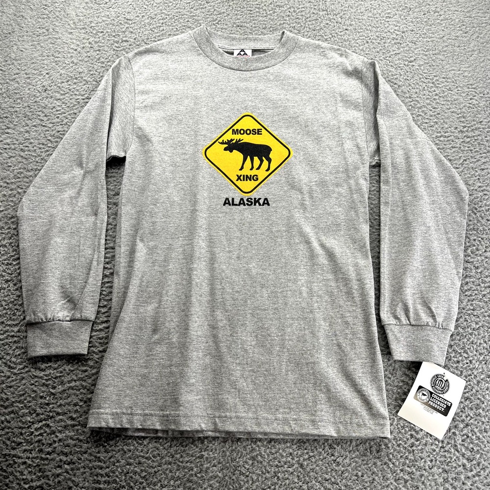 VTG Alaska Moose Xing Long Sleeve T-Shirt Mens Gray Small NWT AAA